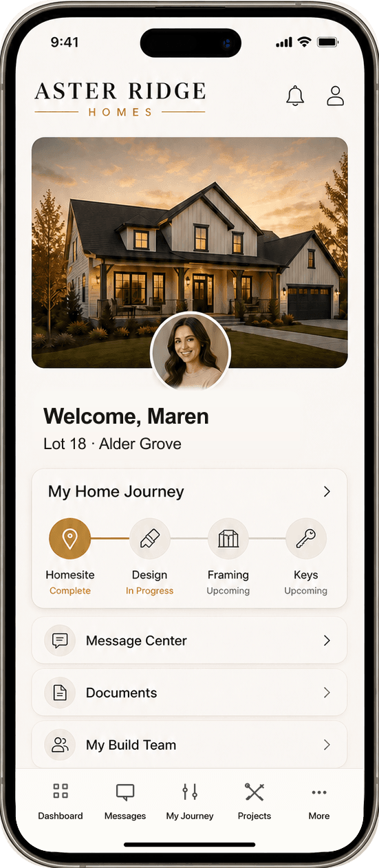 The Builder Halo app on a homeowner's phone, branded to the builder